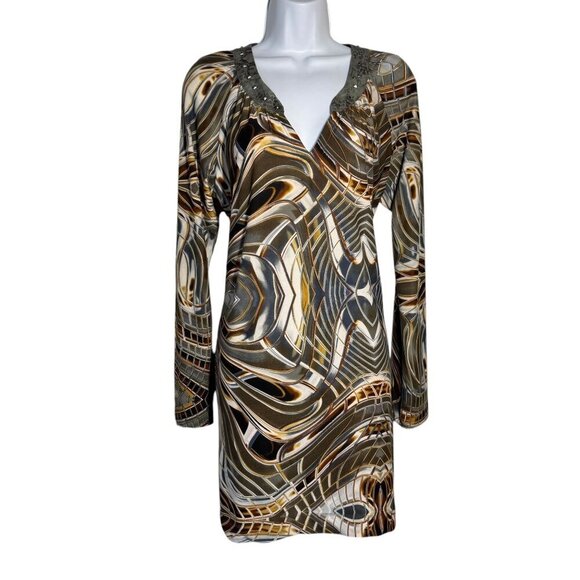 Custo Barcelona Size 2  Small v-neck dress pyramid studs wild print  long sleeve - Picture 1 of 9